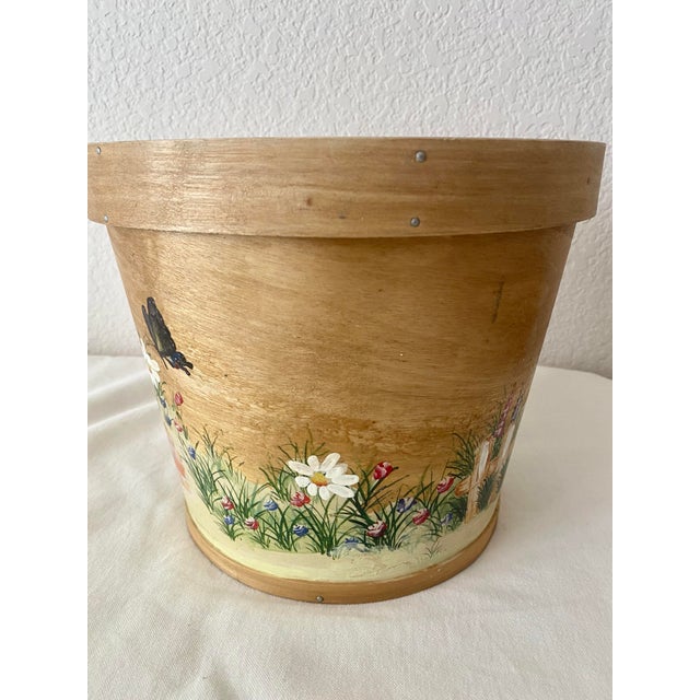 Vintage Indoor Wooden Folk Art Country Cottage Farmhouse Motif Hand-Painted Planter/Basket/Bucket For Sale - Image 10 of 18