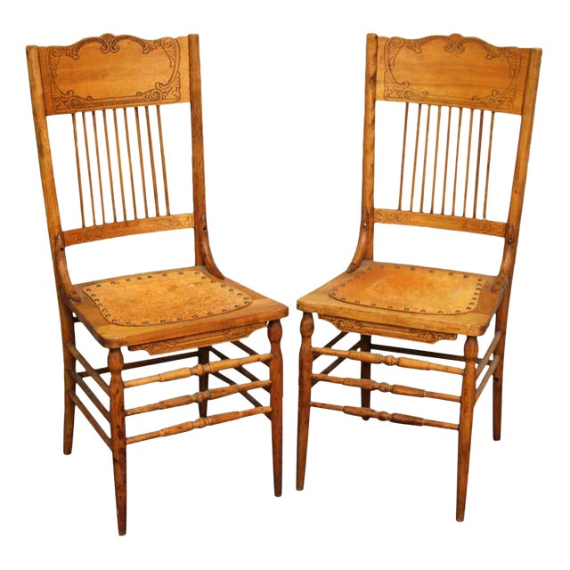 French Country Leather & Wood Dining Chairs a Pair Chairish