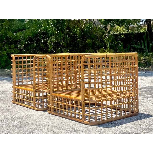 Coastal Vintage Coastal Grid Rattan Lounge Chairs After Henry Olko - a Pair For Sale - Image 3 of 8