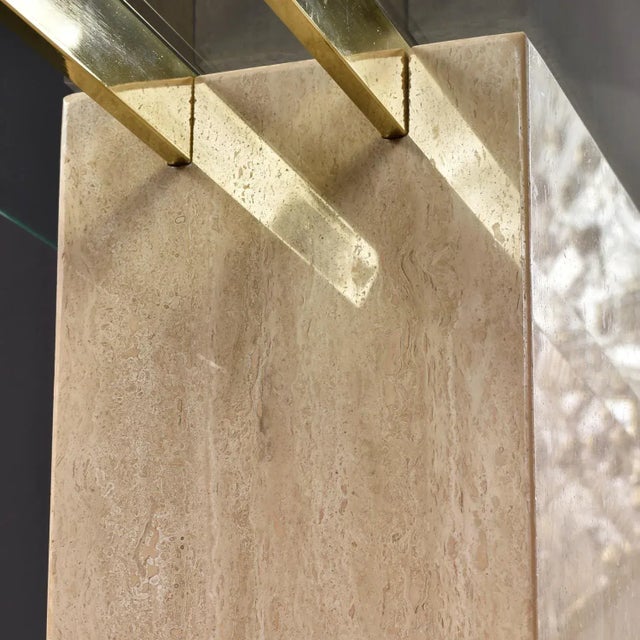 Maitland-Smith Style Brass and Glass Travertine Stone Pedestal Console Table For Sale - Image 9 of 11