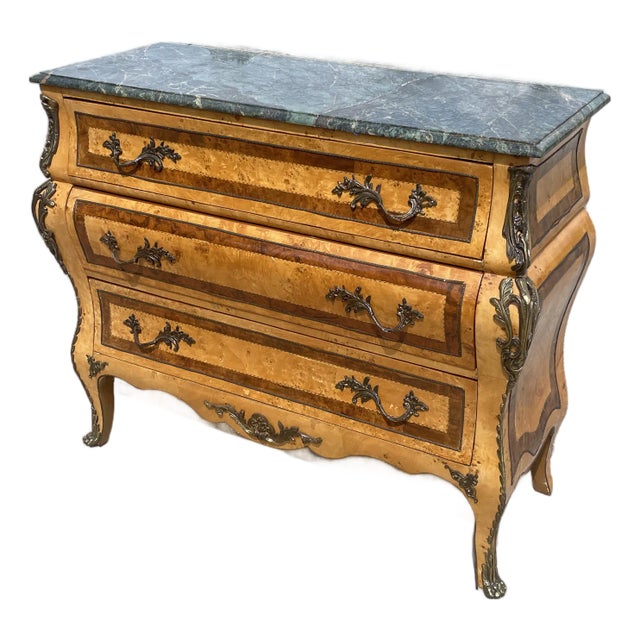 Antique Italian Burlwood Bombe Commode Ormolu Green Marble For Sale