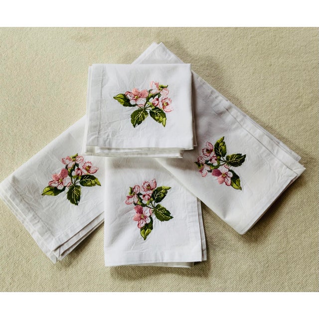 French Cherry Blossom Embroidered Cotton Percale Dinner Napkins | Paris Flea Market Find - Set of Four For Sale - Image 16 of 18