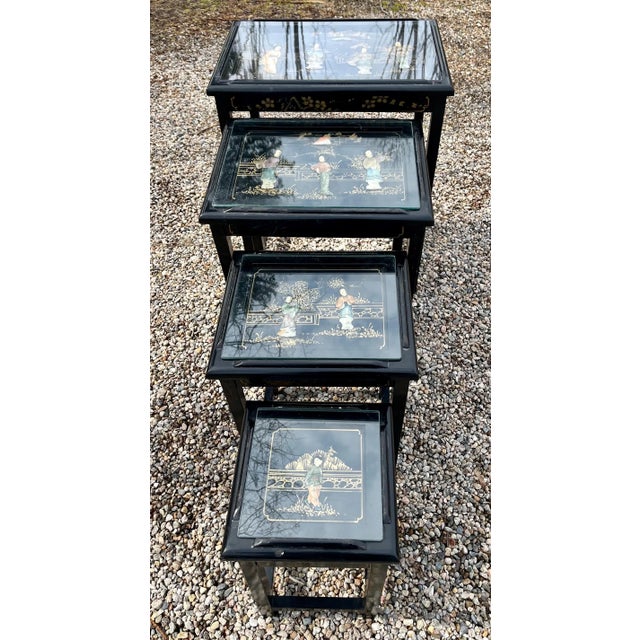 Set 4 Nesting Tables Chinoiserie Black Lacquer Soapstone Carved Figures For Sale - Image 9 of 9