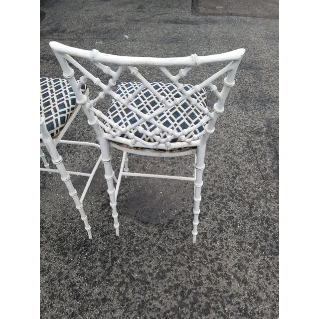 White Vintage Chinese Chippendale Mid Century White Faux Bamboo Iron Bar Stools - a Pair For Sale - Image 8 of 10