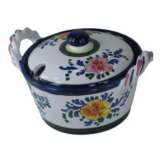 Late 20th Century Jelly / Jam Pot Italy, Hand Painted Art Pottery, Slotted Lid for Spoon & Handles For Sale