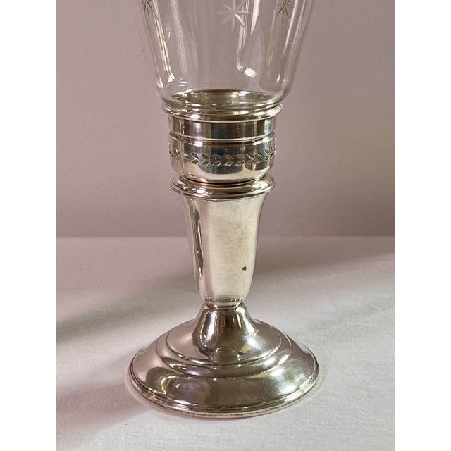 Silver Pair of Crown Sterling Silver Candlesticks With Etched Glass Hurricane Shades, C. 1940 For Sale - Image 8 of 14