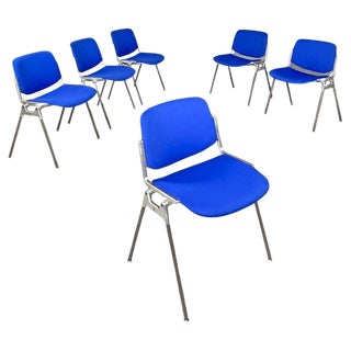 Italian Modern Blue Fabric DSC Chairs by Giancarlo Piretti Anonima Castelli, 1970s, Set of 6 For Sale