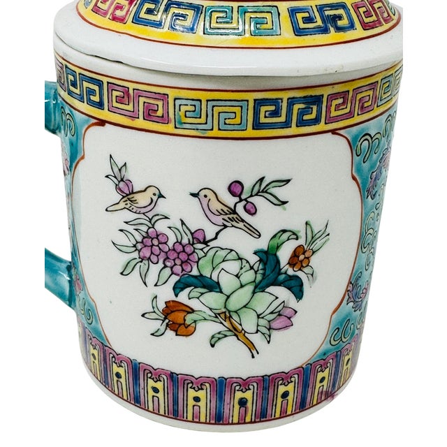 Vintage Chinese Porcelain Mugs With Lids Hand-Painted Famille Rose Teacups Made in China - a Pair For Sale - Image 9 of 12