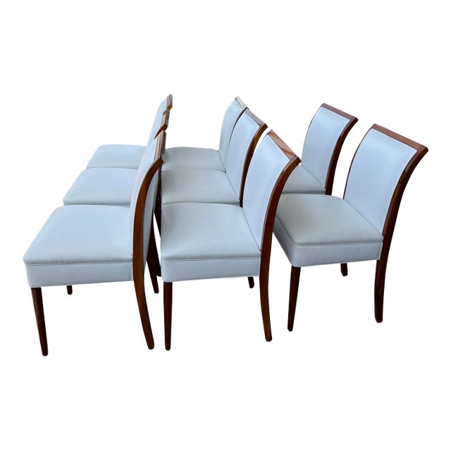 Late 20th Century Set of 8 Art Deco Polished Wood Leather Dining Chairs For Sale