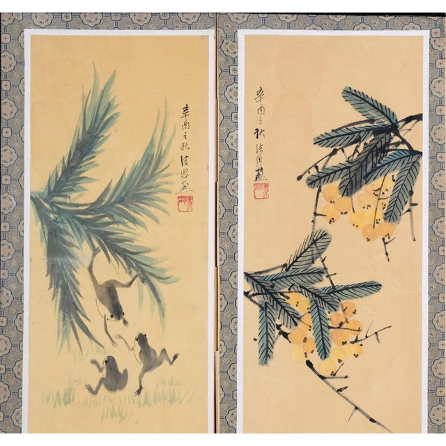 1970s Folding Screen Very Good + Front and Back Panels Chinese Byobu "Traditional Floral Vignettes" on this 4-Panel...