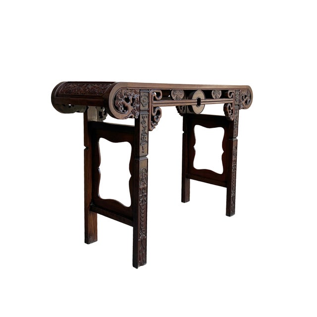 Vintage Oriental Brown Scroll End RuYi Apron Altar Console Table For Sale - Image 4 of 12