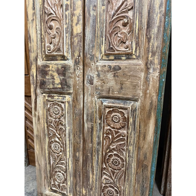 Mid-Century Modern Vintage Hand-Carved Floral Closet Doors – Reclaimed Wood Brown Double Doors 80x32 For Sale - Image 3 of 5