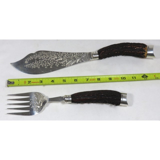 Antique 1893 Hand Engraved Antique Sheffield Plate & Sterling Silver Antler Handle Fish Serving Set For Sale - Image 10 of 13
