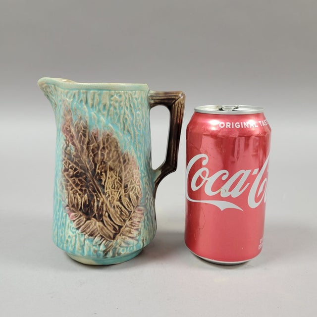 Antique English Majolica Begonia Leaf & Fern Pitcher in Aqua Turquoise Glaze For Sale - Image 4 of 9