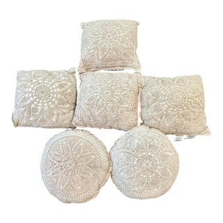 Vintage Set of 6 Ivory Cotton Crochet Lace Flower Accent Pillows For Sale