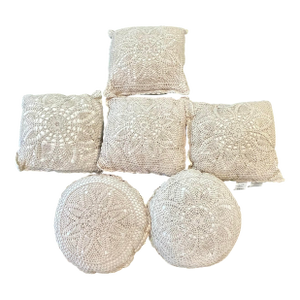 Vintage Set of 6 Ivory Cotton Crochet Lace Flower Accent Pillows