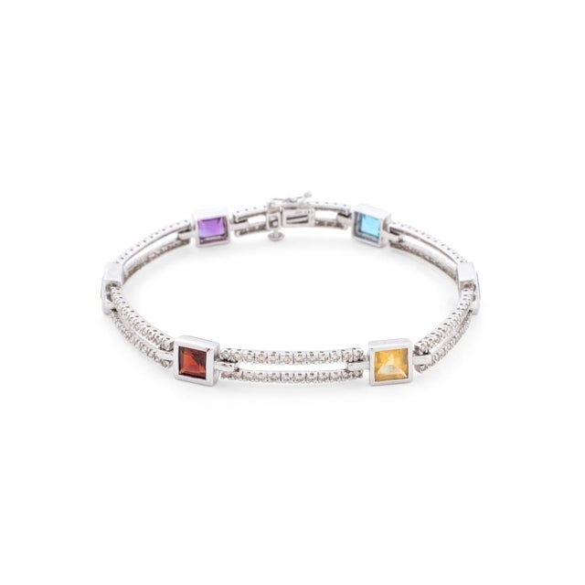 Modern 14k White Gold, Diamond and Multi-Color Gemstone Bracelet For Sale - Image 3 of 6