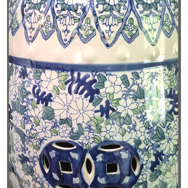 Vintage Asian Ceramic Blue-White-Green Floral Garden Stool For Sale - Image 6 of 9