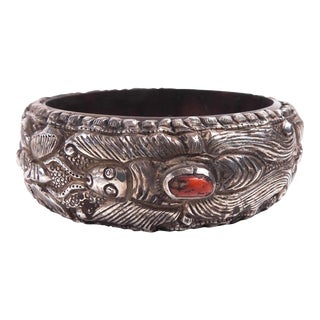 Vintage Tribal Repousse Silver and Coral Bracelet For Sale