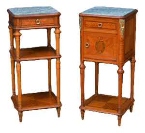 Antique Marble Topped and Satinwood Bedside Tables, 1900, Set of 2