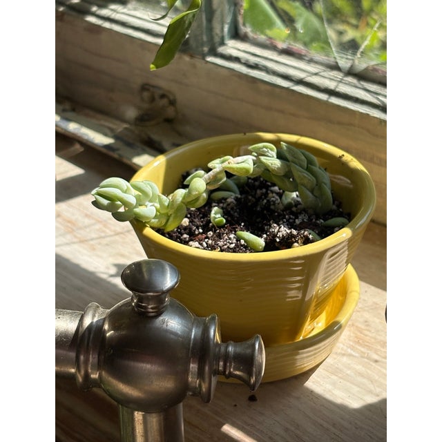 Vintage McCoy Pottery Yellow Basketweave Flowerpot With Attached Saucer For Sale - Image 4 of 4
