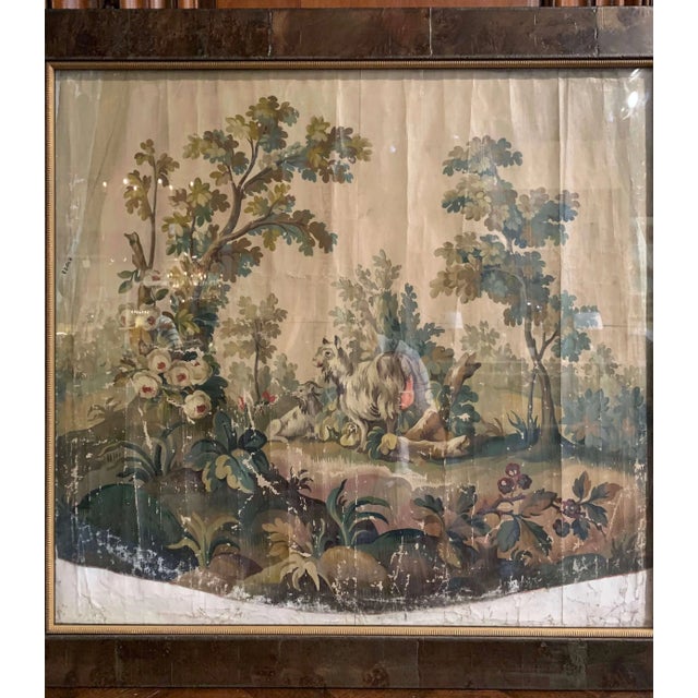 Decorate a wall with this charming antique Aubusson tapestry cartoon, crafted in France circa 1780. Protected behind glass...