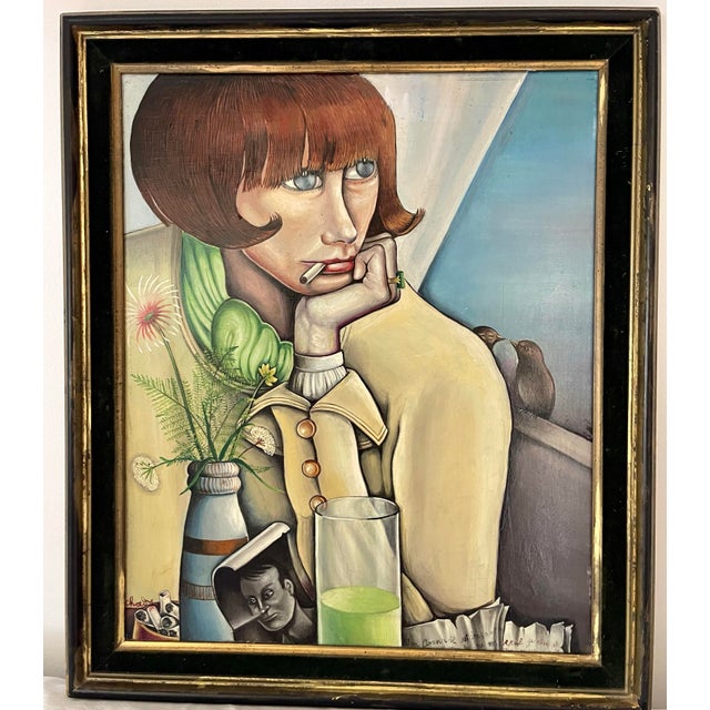 Portrait painting "Will He Return?" oil on masonite France 1970 This striking painting depicts a woman with bobbed hair...