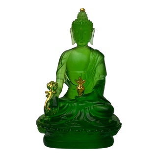 Crystal Glass Liuli Pate-De-Verre Green Sitting Meditation Buddha Statue For Sale