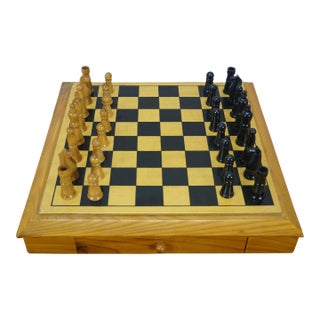 Vintage Oak Chess Checkers Tabletop Game Board Set W/ Storage Drawers 14" For Sale