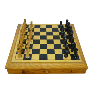 Vintage Oak Chess Checkers Tabletop Game Board Set W/ Storage Drawers 14"