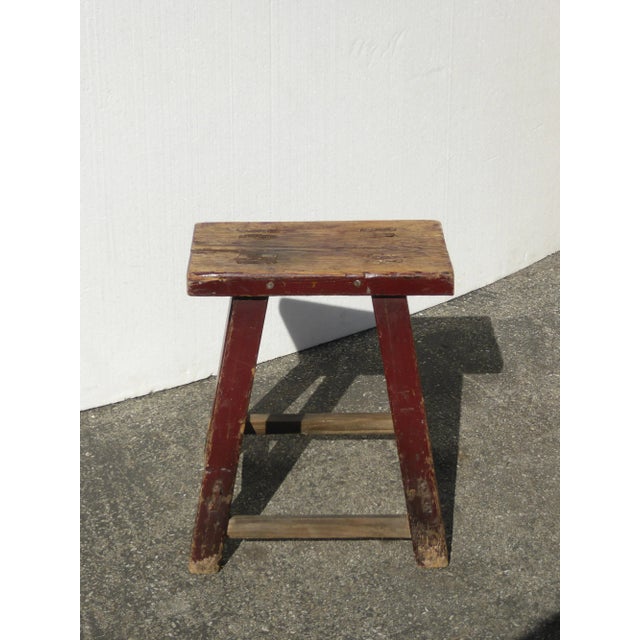 French Country Vintage French Country Farmhouse Rustic Red Stool For Sale - Image 3 of 12
