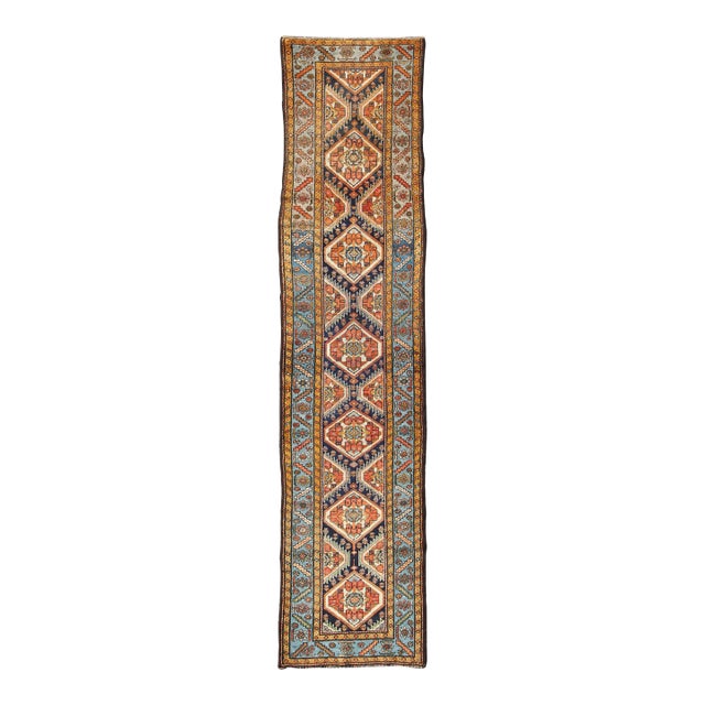 Colorful 1920s Antique n.w. Persian Runner With Sub-Geometric Medallions 3'0"x13'7" For Sale