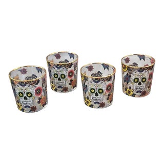 Late 20th Century Boho Chic Williams Sonoma Day of the Dead Painted Skull Floral Tumblers Highball Glasses - Set of Four L For Sale