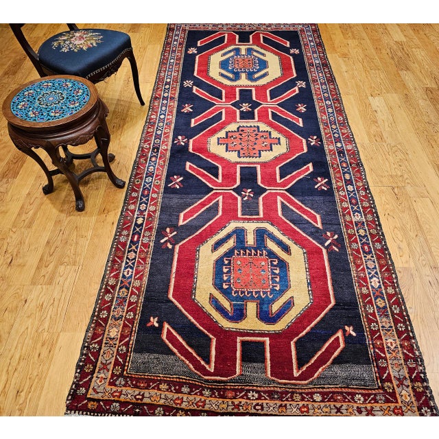 Antique Northwest Persian Runner Rug, Hand-Knotted Wool, Geometric Medallions Pattern, 4x10, Navy & Red For Sale - Image 10 of 18