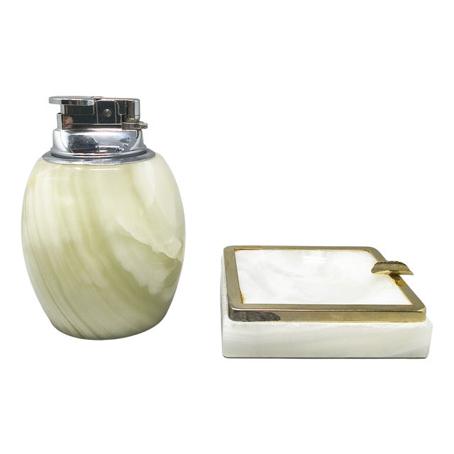 Mid-Century Modern Italian Onyx Smoking Set with Table Lighter and Ashtray, 1960s For Sale