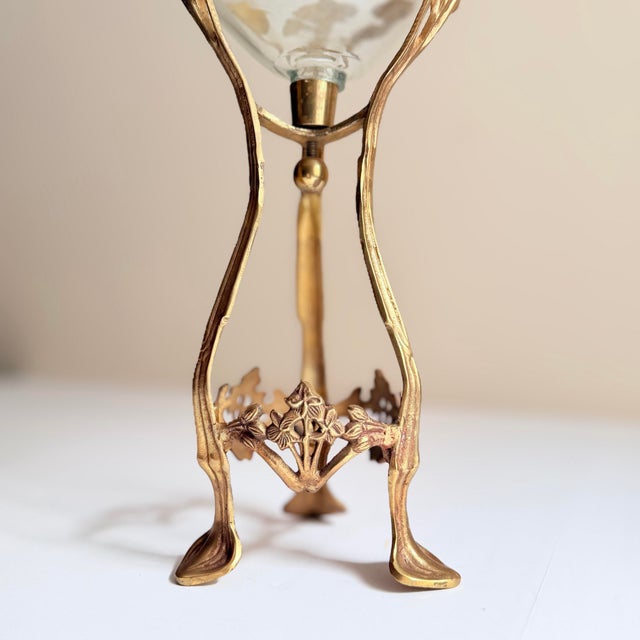 Art Nouveau Antique Art Nouveau Brass Tripod Hurricane Candleholder With Etched Glass Shade — Ginkgo & Calla Lily Motif, Circa 1900–1910 For Sale - Image 3 of 12