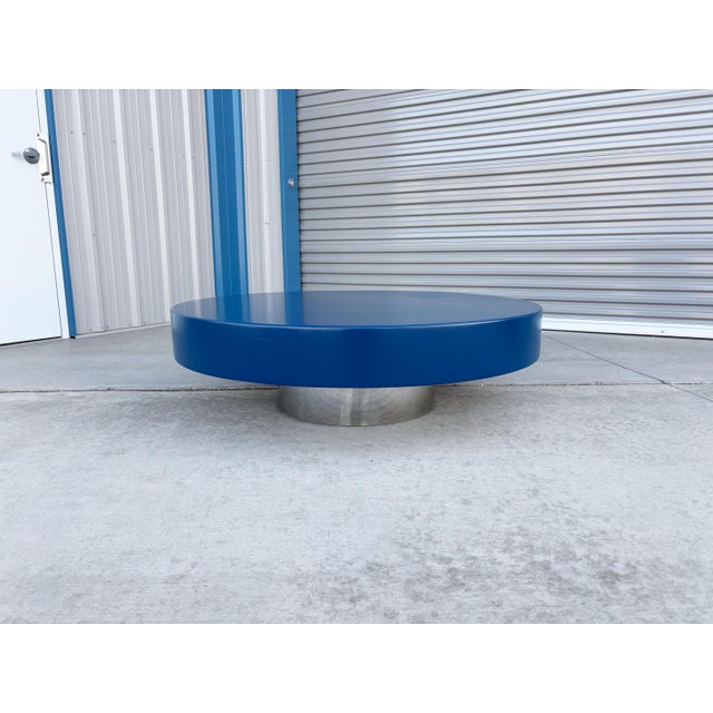 Wood 1960s Mid Century Blue Round Coffee Table With Chrome Base Styled After Willy Rizzo For Sale - Image 7 of 10