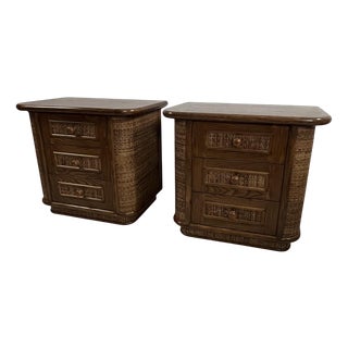 Wood and Rattan Bedside Tables, Italy, 1970s, Set of 2 For Sale