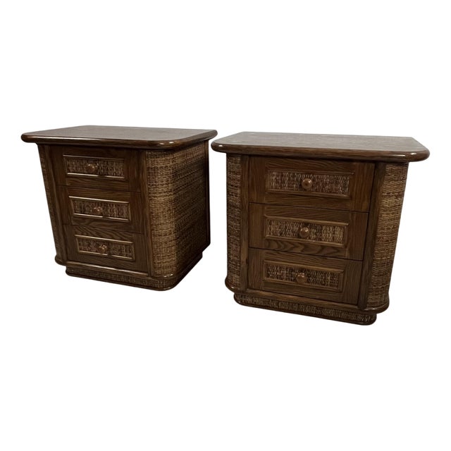 Wood and Rattan Bedside Tables, Italy, 1970s, Set of 2 For Sale