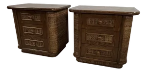 Wood and Rattan Bedside Tables, Italy, 1970s, Set of 2
