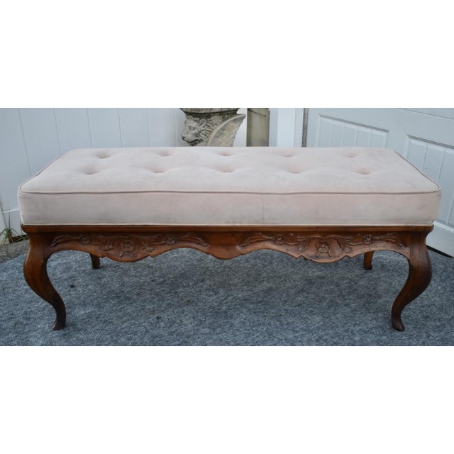 French Country Window Bench Vintage Tufted Upholstered Carved End Stool For Sale - Image 15 of 15