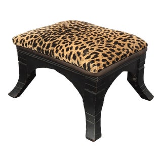 Vintage French Style Black Footstool With Leopard Print For Sale