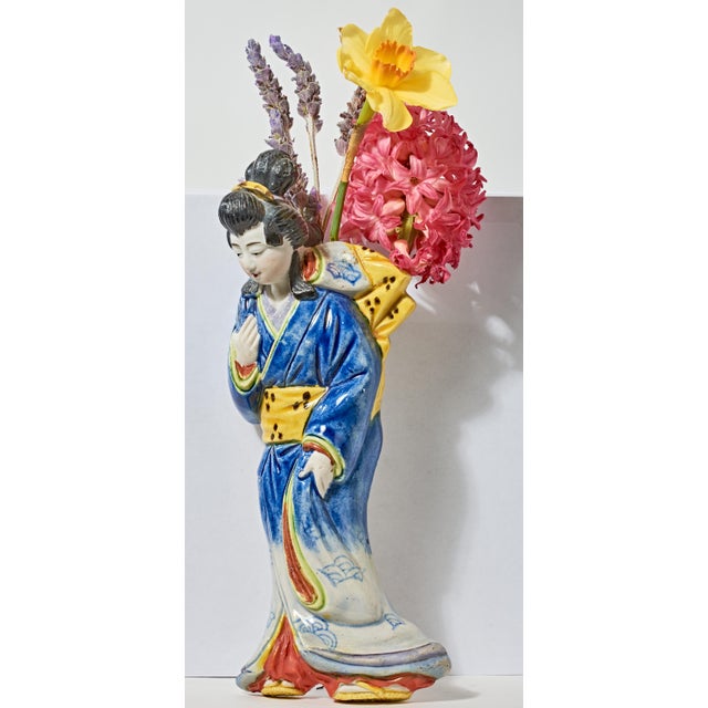 Blue Antique Japanese Ceramic Geisha Wall Vase For Sale - Image 8 of 9