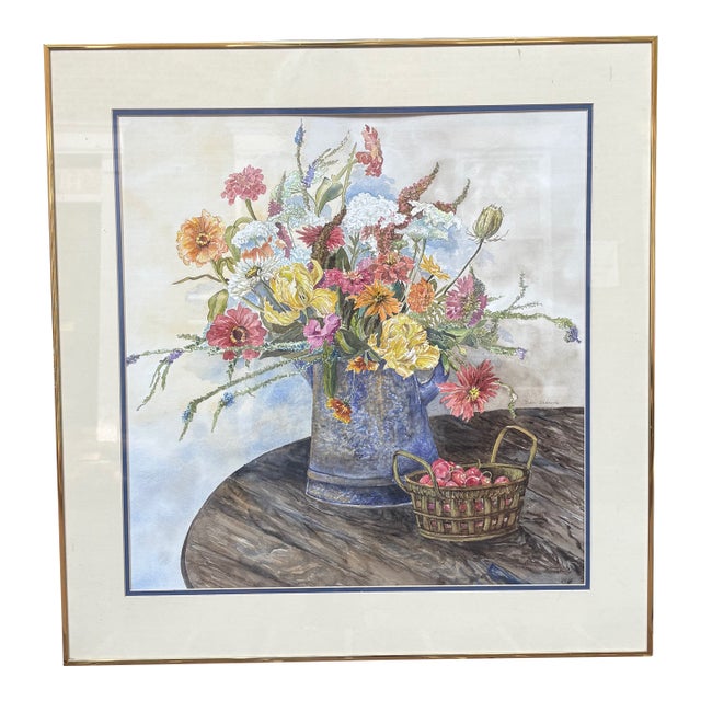 1980s Large Watercolor of Wildflowers and Zinnias in a Watering Can by Dan Suddath For Sale