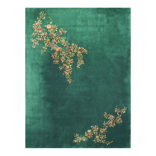 Antique Green Field Chinese Room Size Knotted Wool 1930s Rectangle Art Deco Rug For Sale