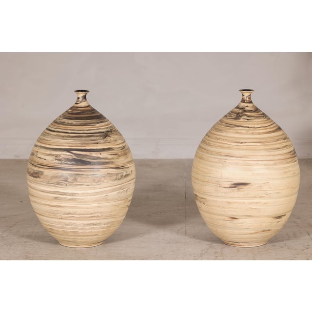 Late 20th Century Large Artisan Ceramic Floor Vases with Cream and Brown Swirled Glaze (Sold Each) For Sale - Image 10 of 18