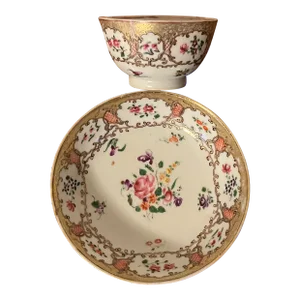 18th Century Chinese Export Porcelain Tea Cup & Saucer in Famille Rose Palette