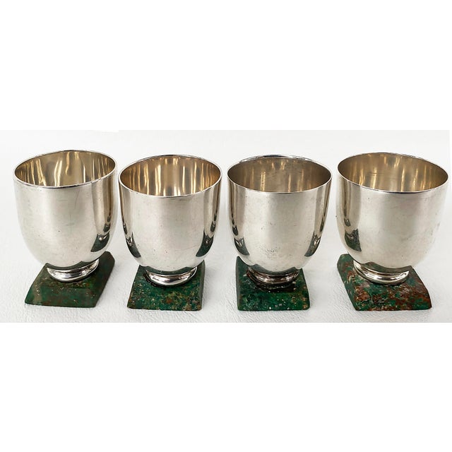 Mexican Sterling Silver Shot Glasses with Stone Bases, Set of Four Offered for sale is a set of 4 sterling silver shot...