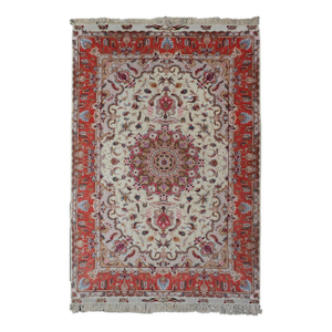 Vintage Persian Tabriz Silk Rug With Ivory Medallion With Orange 6'7 X 10'5