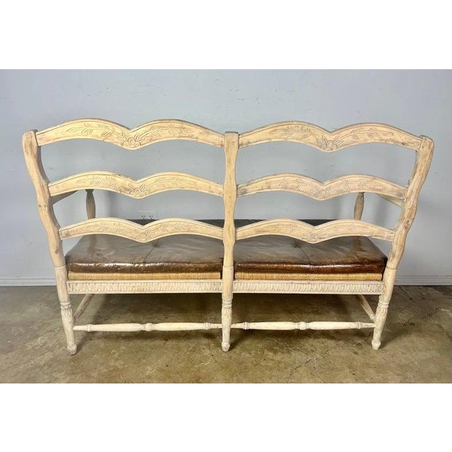 French Provincial Style Bench W/ Rush Seat & Leather Cushion For Sale - Image 11 of 16